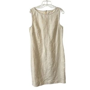 Laura Ashley 100% Linen Dress Womens L Beige Floral Embroidered Sleeveless